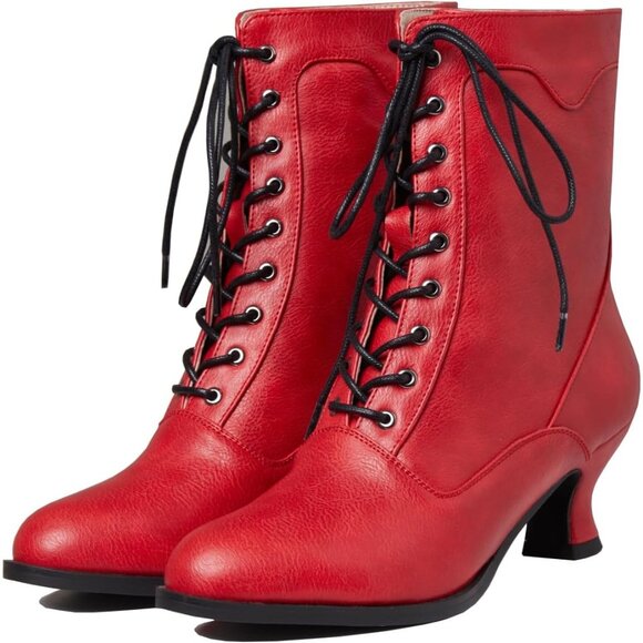 Women's Victorian Ankle Boots Mid Calf Round Toe Boots With Chunky Heel Red - Picture 1 of 7